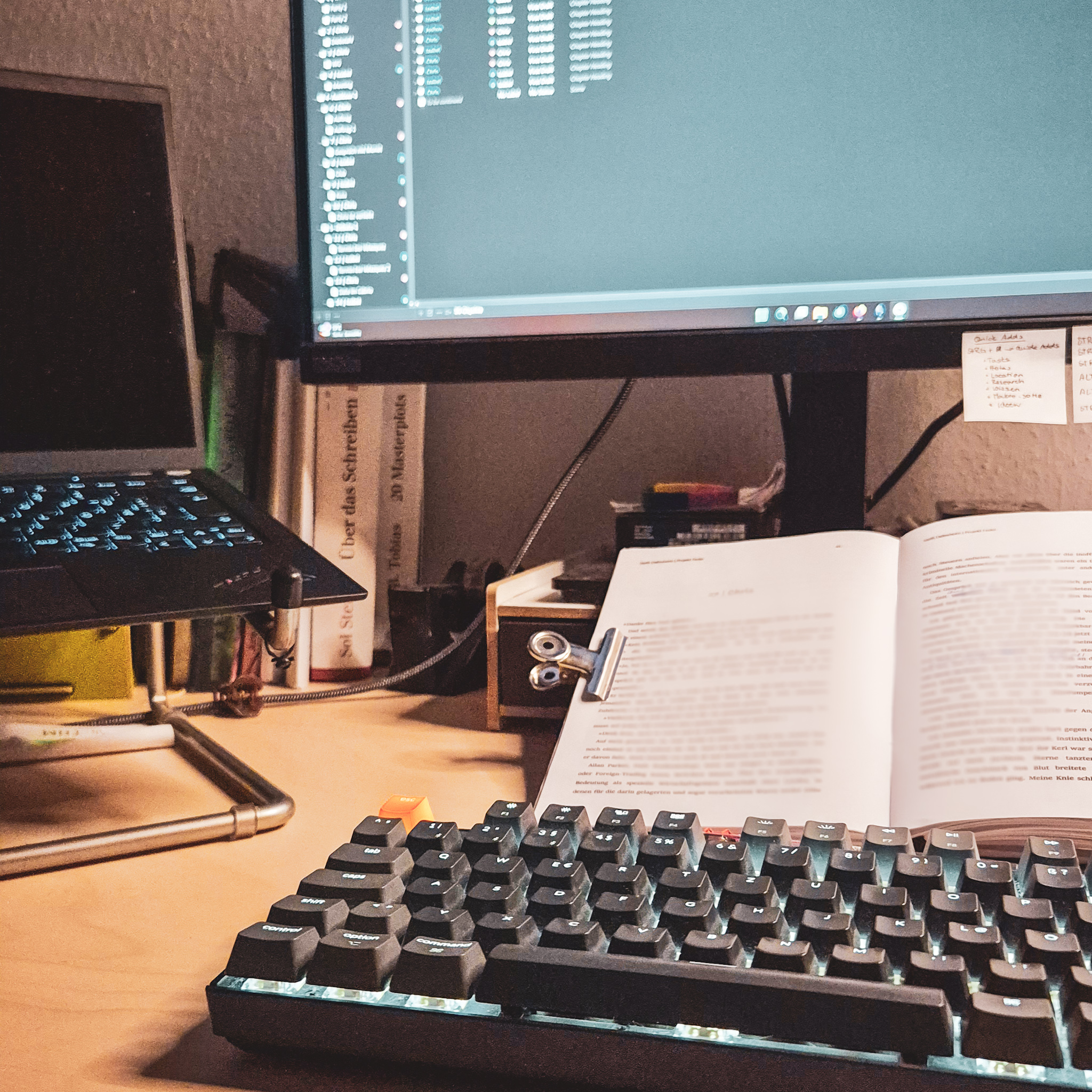 Computersetting mit Bildschirm, Tastatur und einem aufgeschlagenen Buch.