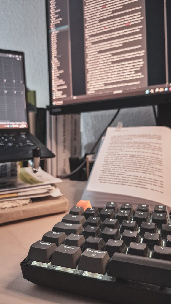 Sicht auf einen BIldschirm, Laptop und Tastatur